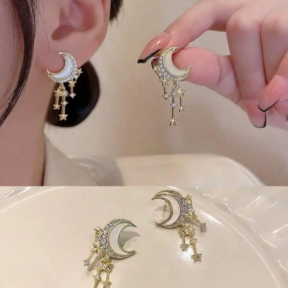 Gold Plated Pearlessent Crescent moon star drop earrings with silver post - Picture 15 of 16